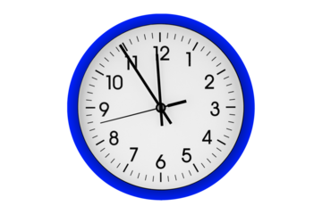 Blue watch, wall clock 11 hours 45 minutes on isolated or white background close up
