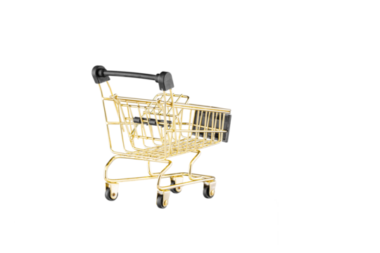 shopping trolley side view gold, yellow and black color cart on isolated white background close up