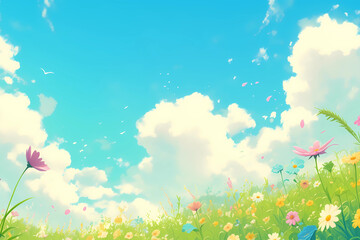serene and meditative scene featuring vibrant field of flowers under bright blue sky filled with fluffy clouds. beauty of nature invites tranquility and reflection