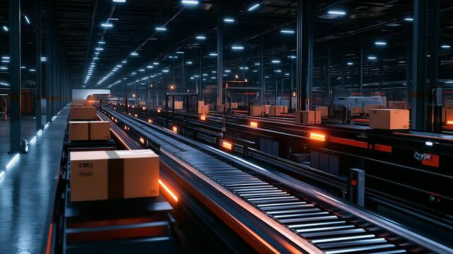 A well-lit warehouse filled with conveyor belts transporting cardboard boxes through automated sorting stations, where AI-driven logistics optimize the package distribution process