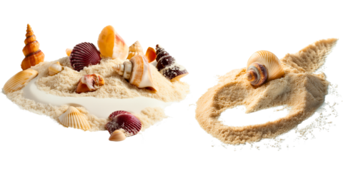 side view of sandy pile with cute group of shells; heart shape hole in sand; object perfect for summer relax, vacation advertising; elements isolated over transparent (white) background 