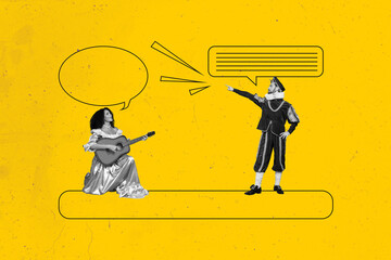 3D collage design trend artwork sketch of bubble speech message young lady sit play guitar music...