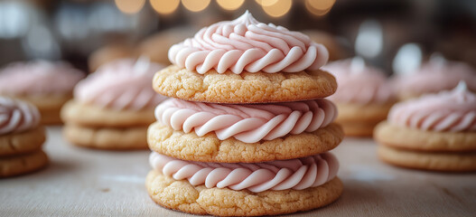 Stack of glazed cookies with pink cream filling on pastel background