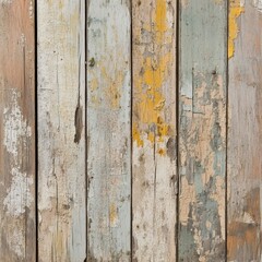 Obraz premium A rustic wooden wall showcases a weathered appearance, featuring peeling paint in various shades of faded blue and white, with visible chips and rough textures that add character.
