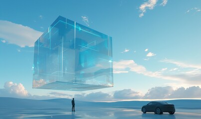 Floating Glass Cubes in White Desert: Minimalist Luxury Car Showroom Concept. Luminous Geometric Shapes and Refracted Light Patterns Create Surreal Exhibition Space. Abstract Marketing Background for 