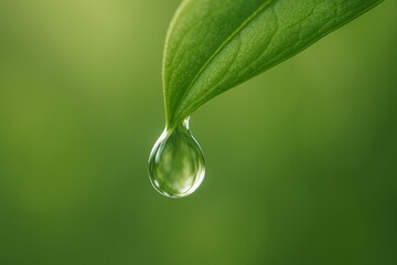 Clear drop of water hanging from green leaf in close-up