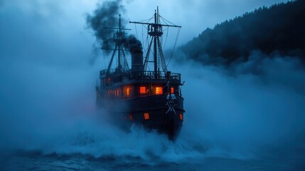 Obraz premium Misty night, dark ship, steaming through fog, mysterious harbor