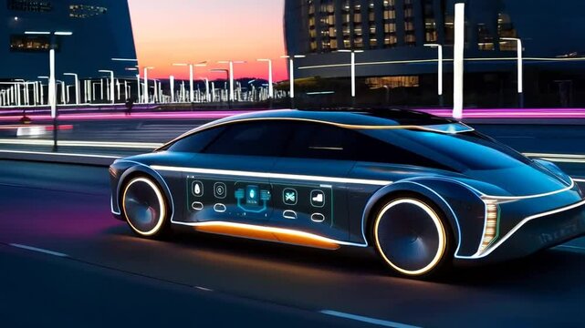 A futuristic self-driving car gracefully navigates a vibrant city street at night, with sleek lines and advanced technology on display.