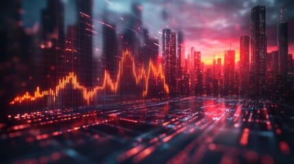 Cyberpunk Cityscape:  A Digital Sunset and Financial Market Visual