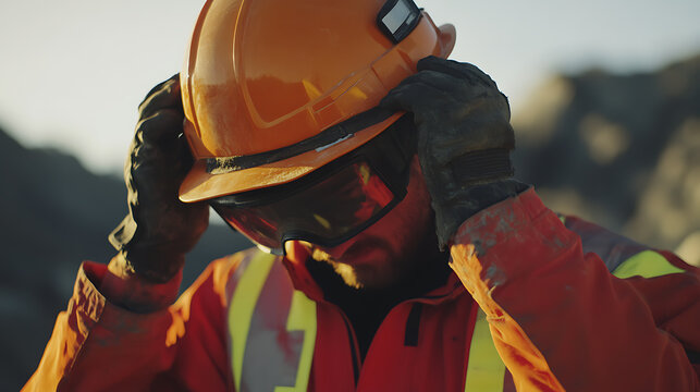 Worker securing safety gear before entering a lithium mining site. Featuring safety preparation