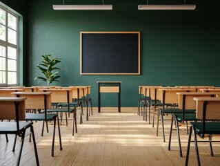 A high-resolution photorealistic image depicts an empty classroom with wooden desks and chairs arranged neatly facing a blank blackboard on a dark green wall, ideal for educational