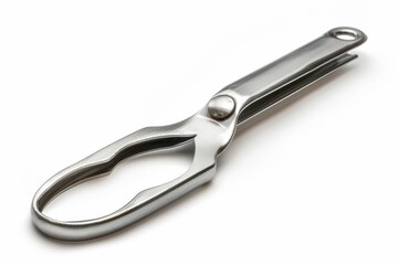 Obraz premium Sleek stainless steel bottle opener resting on a smooth surface with light reflections isolated on transparent background