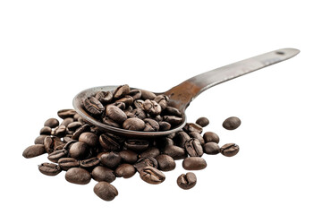 Obraz premium A rustic silver spoon with dark roasted coffee beans, set for a cozy morning vibe isolated on transparent background