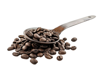 A rustic silver spoon with dark roasted coffee beans, set for a cozy morning vibe isolated on transparent background