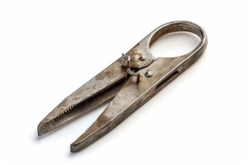 Rustic metal tool with curved handles rests on a clean surface, showcasing its vintage craftsmanship isolated on transparent background