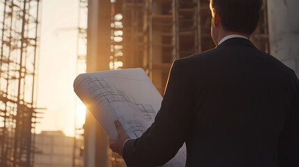 Architect reviewing construction site progress with blueprints. Vision and execution