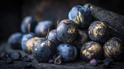 A pile of plump, dark prunes, rich in flavor and texture, naturally dried plums - macro pile wrinkled fruit glossy