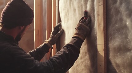 Construction worker applying insulation to a wall at a building site. Featuring attention to detail and efficiency