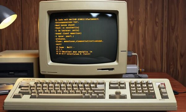 A vintage computer setup with a monitor, keyboard, and mouse, possibly for retro or technology themes.