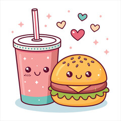 Minimal  Vector Illustration Soft Drink with Cheeseburger 