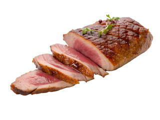 A piece of meat is sliced into four pieces