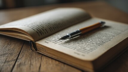 Open book with pen resting on it, academic setting - quill chapters sentences