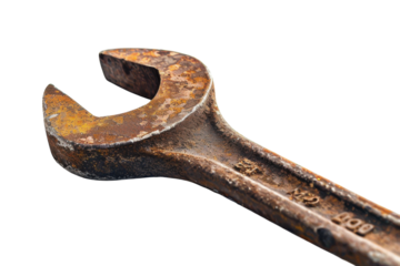 A weathered wrench resting on a clean white surface, telling tales of hard work and craftsmanship isolated on transparent background