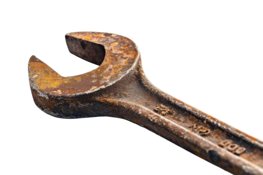 A weathered wrench resting on a clean white surface, telling tales of hard work and craftsmanship isolated on transparent background
