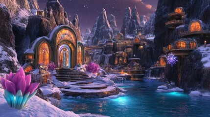 Fototapeta premium A breathtaking winter fantasy city nestled in a snowy mountain valley.