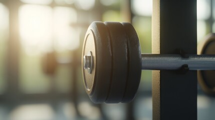 Close-up view of a black dumbbell resting on a rack in a modern gym during golden hour