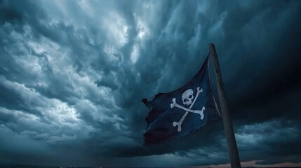 Stormy skies, pirate flag waving, ominous scene, beach background