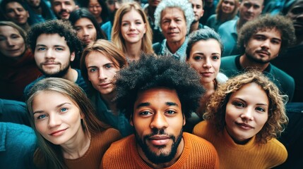 Fototapeta premium A large, diverse group of people, smiling and looking directly at the camera together.