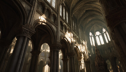 Fototapeta premium Majestic cathedral interior features towering arches, intricate details, and shafts of sunlight illuminating the sacred space