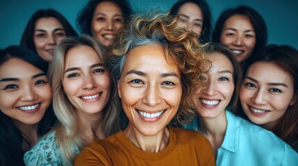 A joyful group of diverse women sharing smiles, portraying genuine happiness and connection.