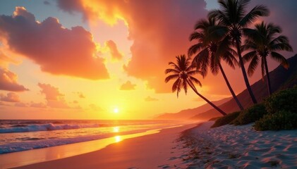 Majestic palms stand tall against a dramatic sunset, golden light illuminating the sandy beach , beauty, getaway, golden hour