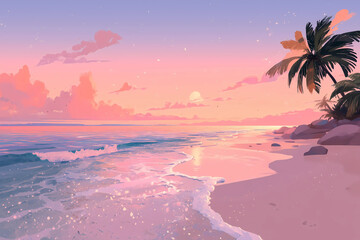 serene beach scene at sunset showcases gentle waves lapping against shore with soft pink and orange hues in sky. Palm trees frame tranquil view, creating peaceful atmosphere