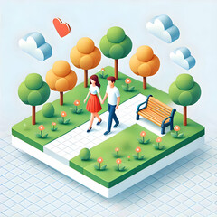 3D isometric flat illustration of a young professional presenting their career vision to a mentor, symbolizing guidance and support, isolated on a white background.