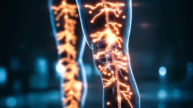 Medical concept image of sciatica pain with a glowing nerve pathway.