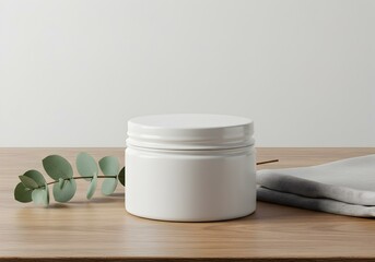 White cream jar on wood surface with eucalyptus leaf