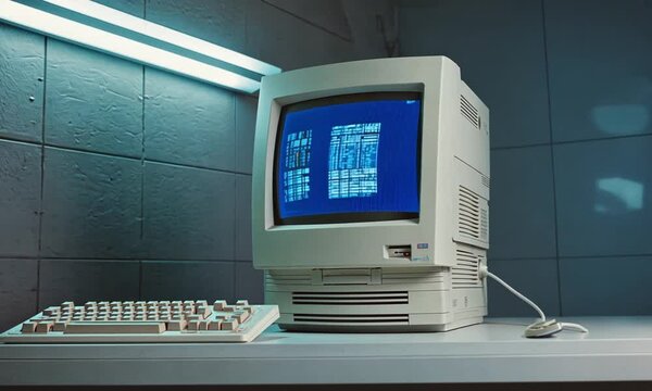 A vintage computer workstation with a monitor and various peripherals, possibly for retro or technology themes.