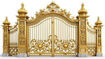 An ornate, golden decorative gate with intricate floral and scrollwork designs, featuring two tall columns topped with regal finials. The gate is flanked by smaller decorative sections.