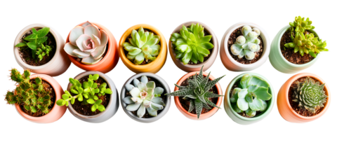 top view of group succulents banner with beautiful home garden text; concept of minimalist, yet eye-catching web header with plants in pots isolated over white (transparent) background; copy space 