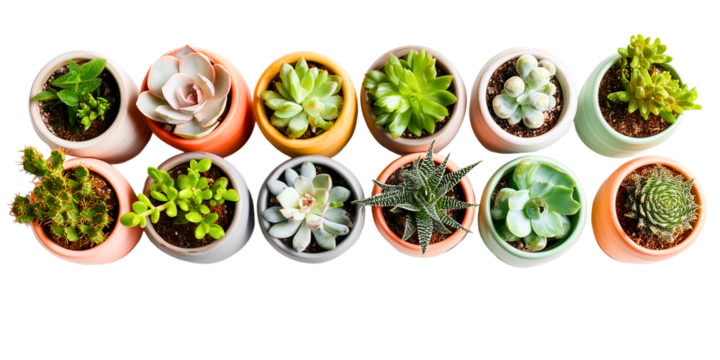top view of group succulents banner with beautiful home garden text; concept of minimalist, yet eye-catching web header with plants in pots isolated over white (transparent) background; copy space 