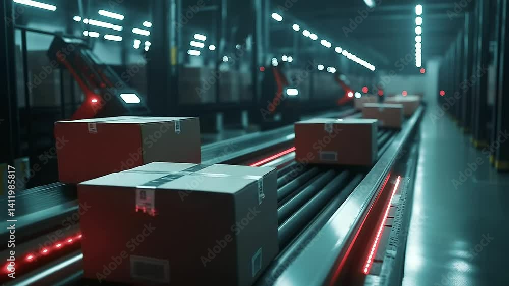Poster robotic arms swiftly redirect cardboard boxes on a high-speed conveyor in a distribution center.