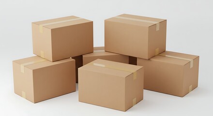 Obraz premium Stacked Cardboard Boxes Sealed with Tape on White Background