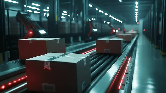 Robotic arms swiftly redirect cardboard boxes on a high-speed conveyor in a distribution center.
