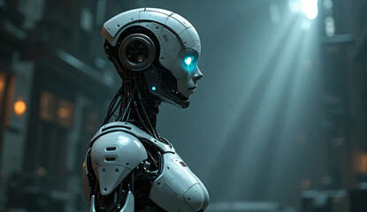 Futuristic Humanoid Robot with Cyberpunk Lighting