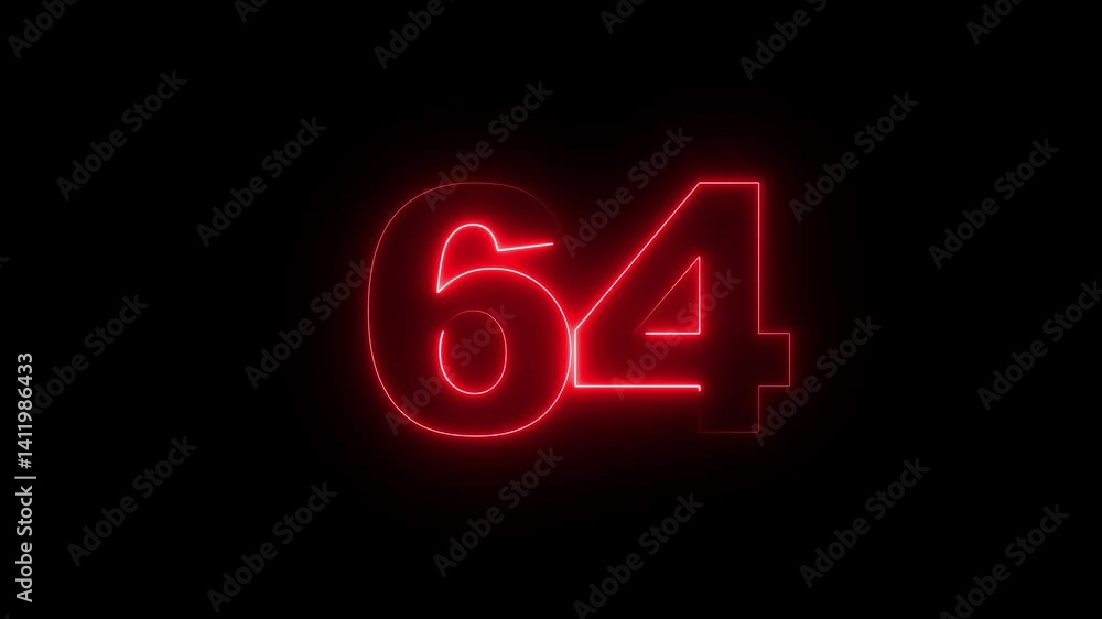 Poster 64 number neon text animation on black background. neon number 64 with alpha channel, neon numbers, 
