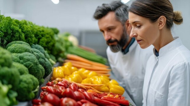 A male and female professional observing a variety of fresh vegetables on display.