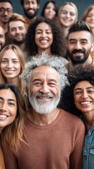 A vibrant group of diverse people share smiles, embodying unity and happiness together.